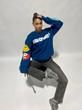 FEAR OF WHAT SWEATER &#8211; BLUE &#8211; PUFF PRINT