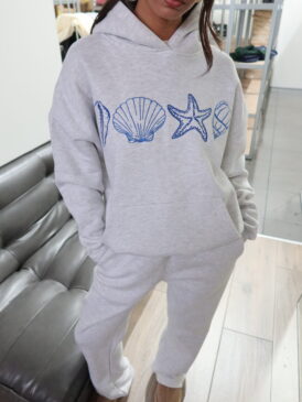 ANN-FLEUR SEA SHELL SET &#8211; MELANGE GRAY WITH BLUE EMBROIDERY