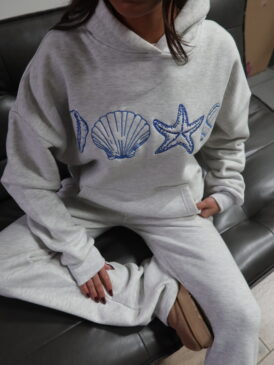 ANN-FLEUR SEA SHELL SET &#8211; MELANGE GRAY WITH BLUE EMBROIDERY